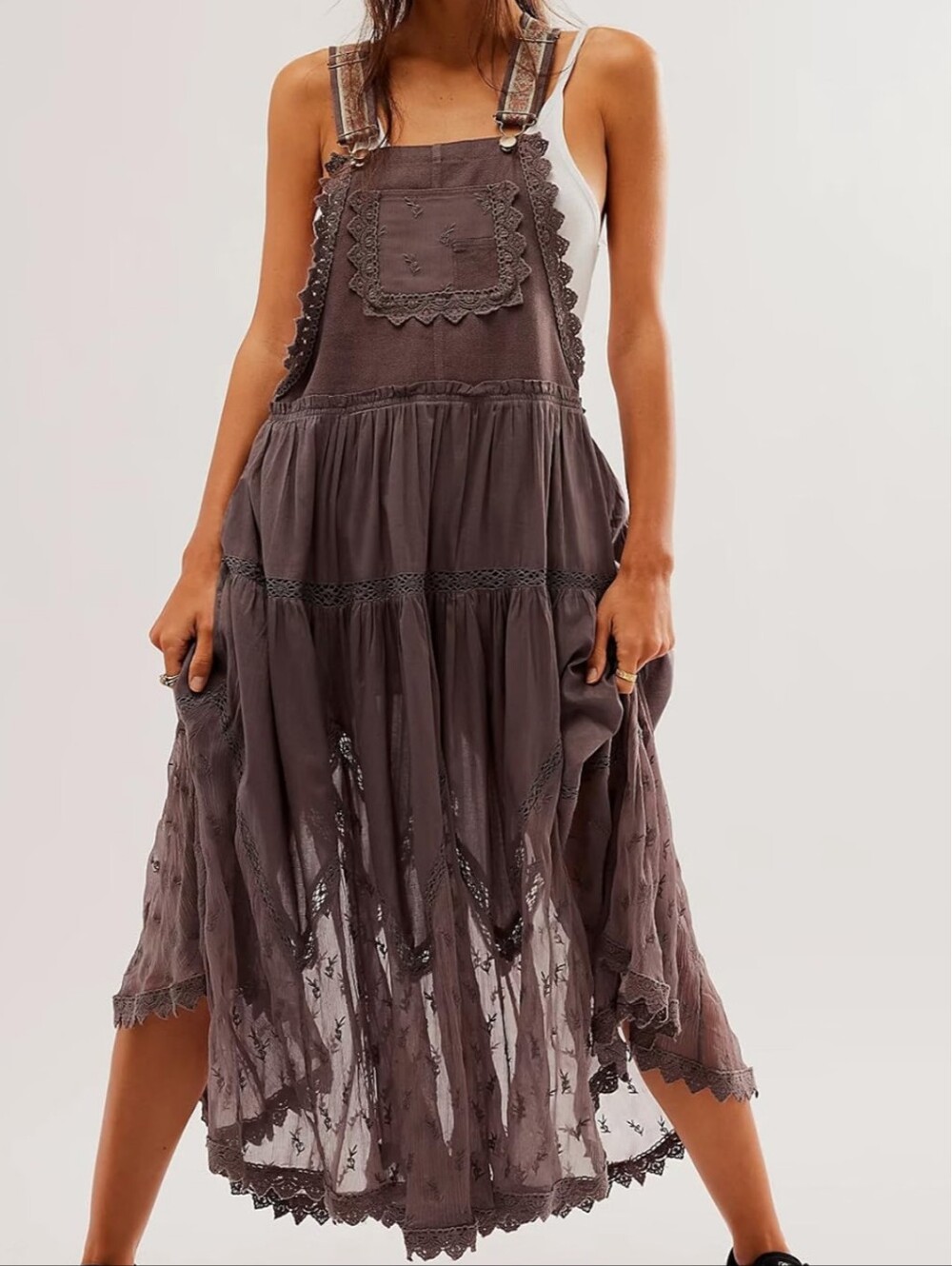 Brown Lace-Trim Pinafore Dress